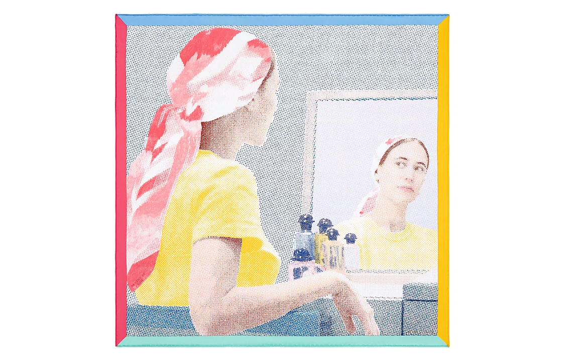 (Women) HERMES Regard de Soie  Silk Scarf with Graphic Design Blue/Rose/Tan H983520S 01