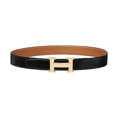 (Women) HERMES Reversible Calfskin Leather Belt Women Black/Gold 3.2cm H064550CC06-H073967CAAA