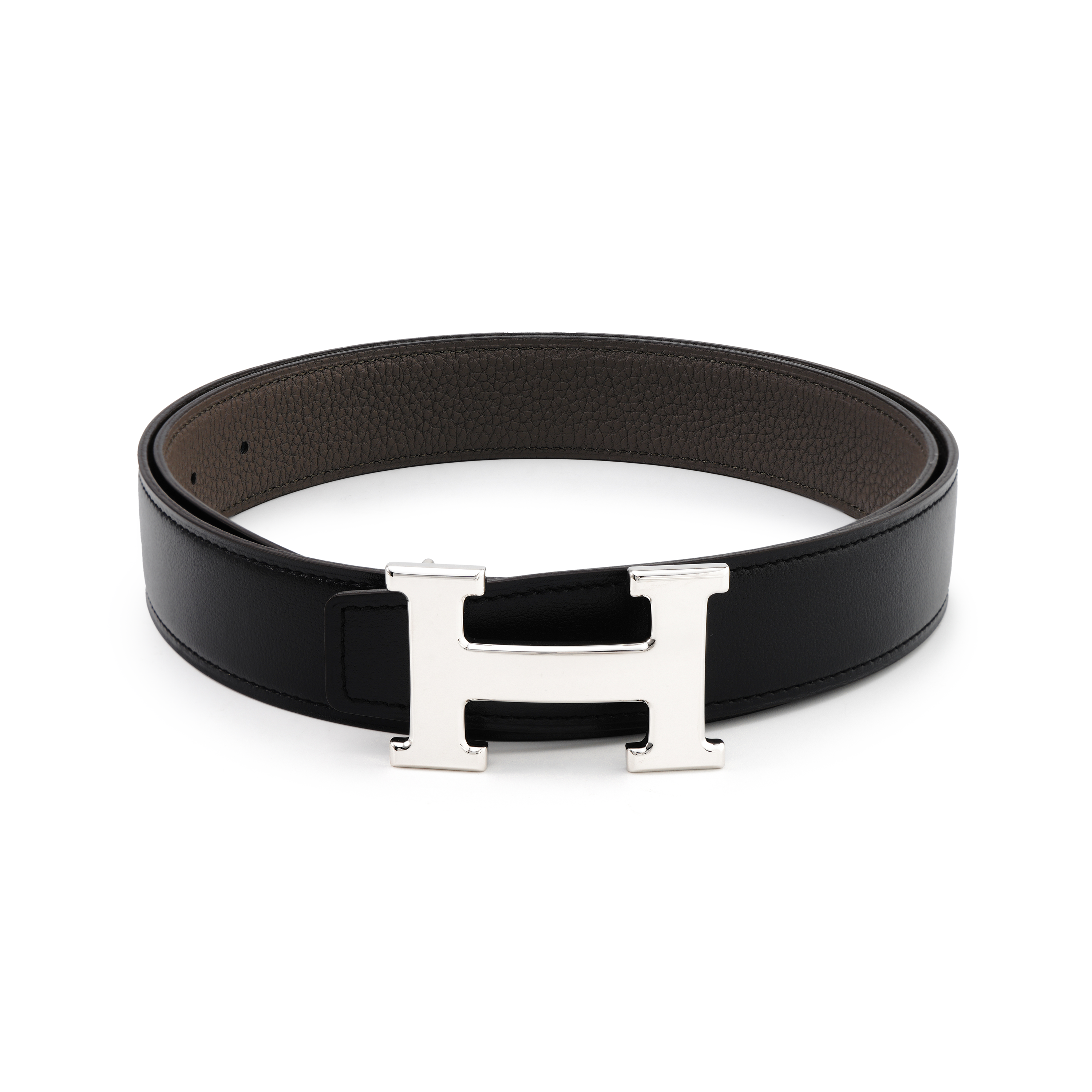 Order (W) HERMES Cinturón Reversible de Cuero Negro Hebilla Plateada Epsom 32cm H064544CK05-H073967CAAC080