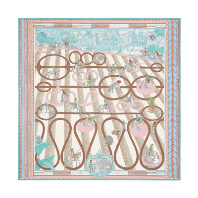 (Women) HERMES Reversible Silk Scarf "Turned Steps & Serpentine" Blue/Pink/Brown H903688S-03
