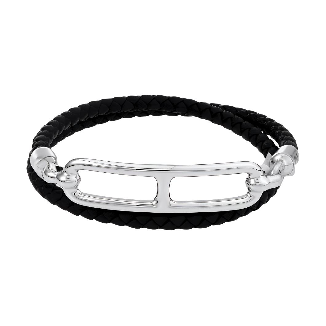 (Women) HERMES Roulis Double Loop Calfskin Bracelet for Women - Black with Silver Clasp. H071727FP89-T1