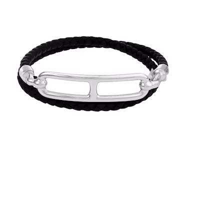 (Women) HERMES Roulis Double Loop Calfskin Bracelet for Women - Black with Silver Clasp. H071727FP89-T1
