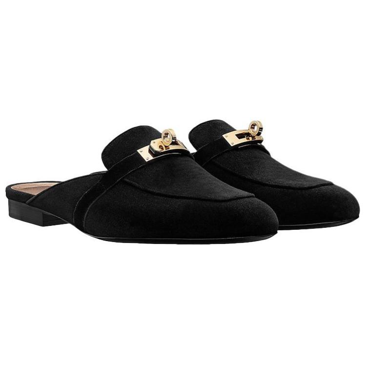 Lookbook (W) HERMES Rond-Neus Instap Fluwelen Pantoffels ''Zwart'' H202120Z-02