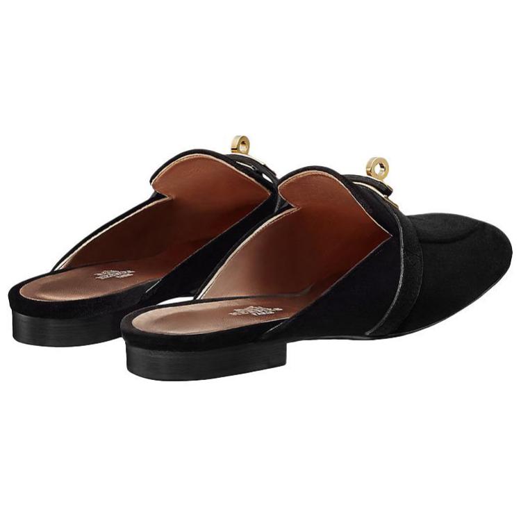 Shop (W) HERMES Rond-Neus Instap Fluwelen Pantoffels ''Zwart'' H202120Z-02