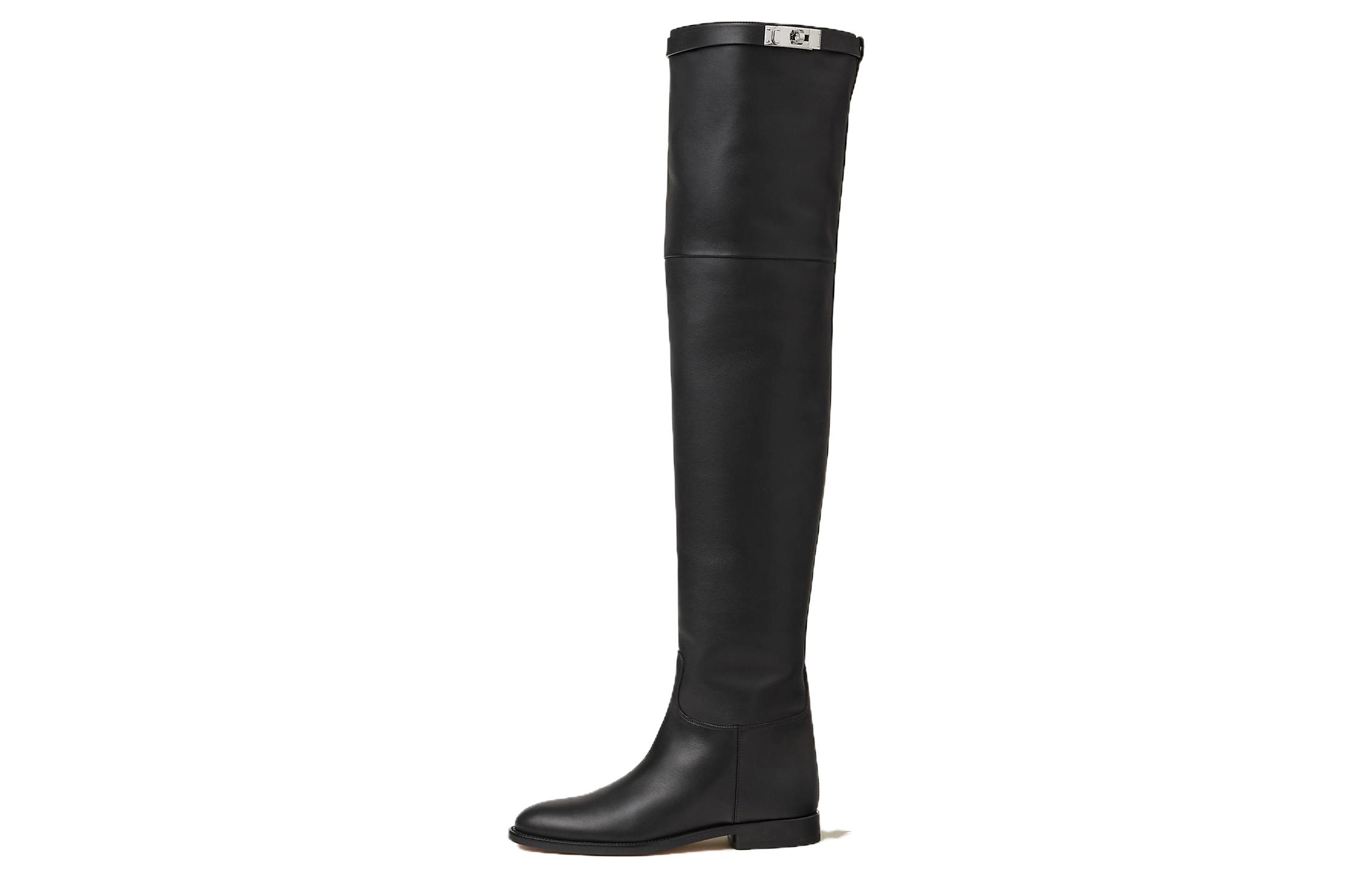 Buy (W) Bottes Plates Rondes au Genou HERMÈS ''Cuir de Veau Noir'' H232069Z-02