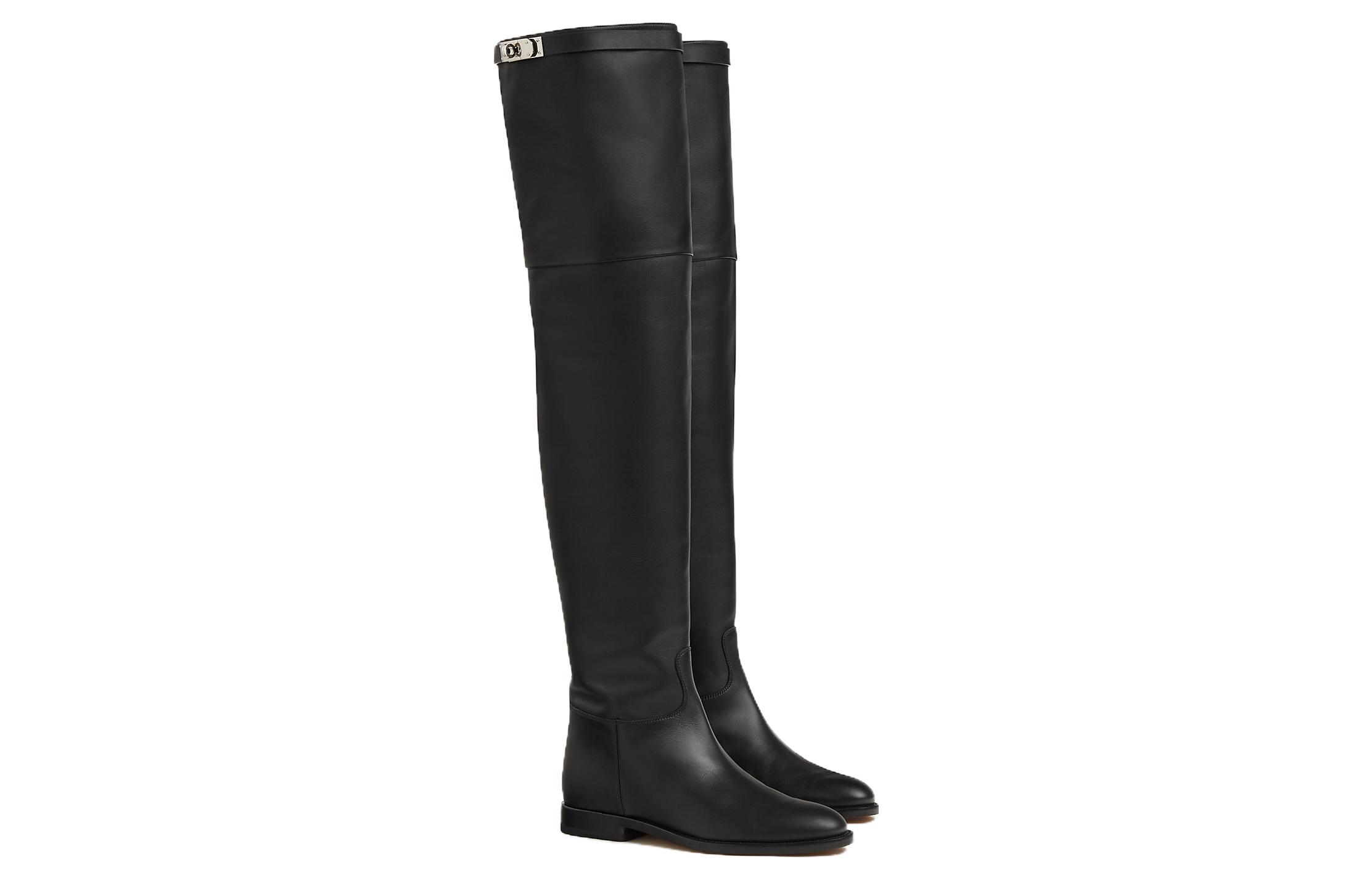 Order (W) Bottes Plates Rondes au Genou HERMÈS ''Cuir de Veau Noir'' H232069Z-02