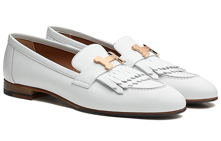 Shop Hermes 愛馬仕 Royal 牛皮 玫瑰金扣 時尚樂福平底鞋 女款 白色
