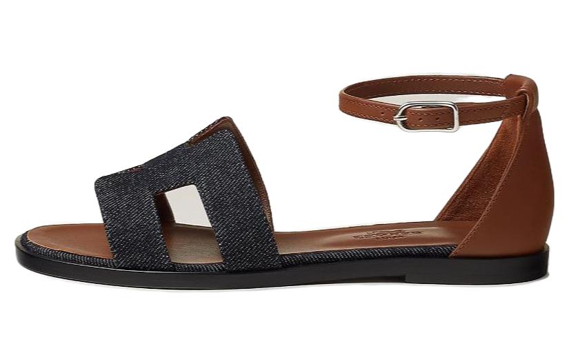 Buy HERMES愛馬仕 Santorini 皮革露趾休閒一字帶涼鞋 女款 藍色