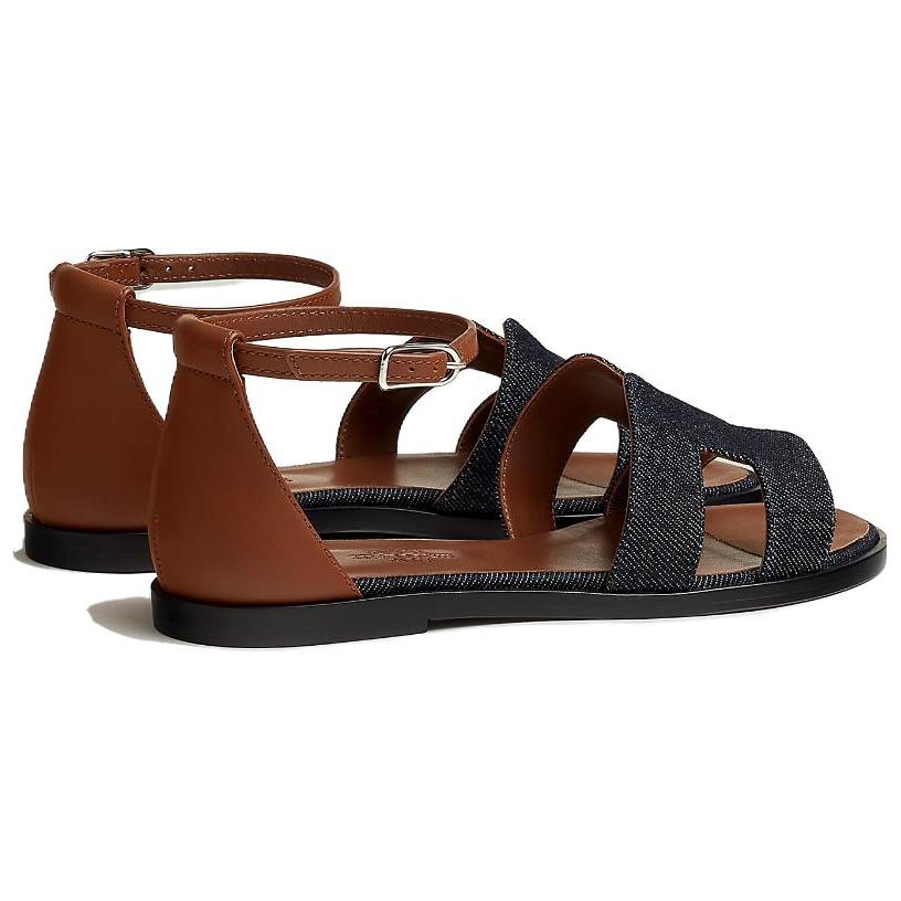 Shop HERMES愛馬仕 Santorini 皮革露趾休閒一字帶涼鞋 女款 藍色