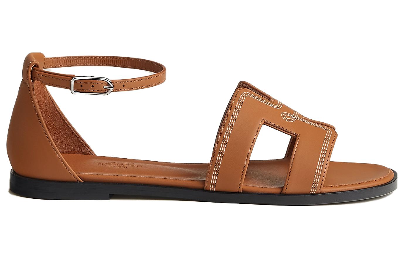 Order HERMES愛馬仕 Santorini 皮革搭扣平底一字帶涼鞋 女款 棕色