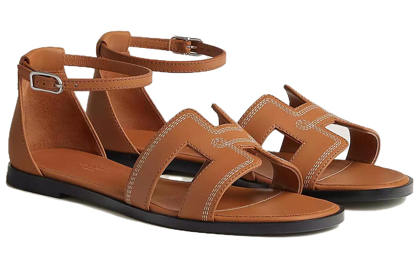 Lookbook HERMES愛馬仕 Santorini 皮革搭扣平底一字帶涼鞋 女款 棕色