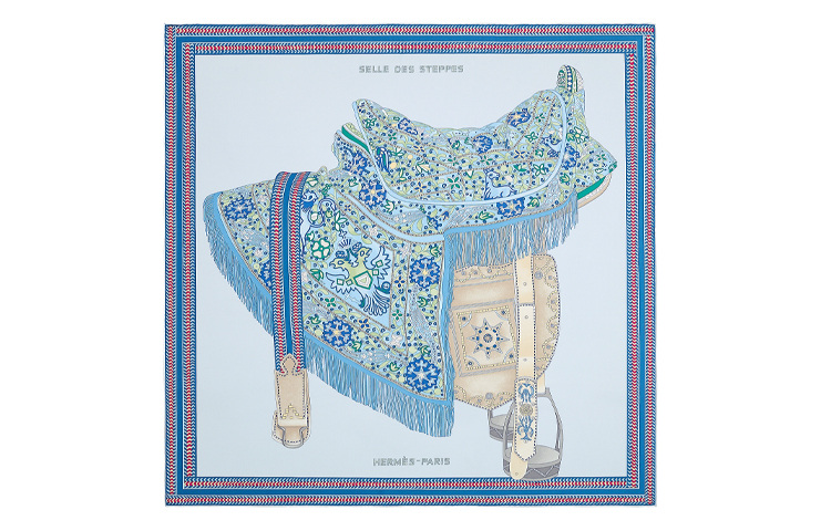 (Women) HERMES Scarf 90cm "Prairie Saddle" Light Blue/Denim Blue/Green Accessories H003682S-07
