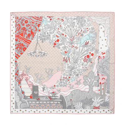 (Women) HERMES Scarf "New Voice of the Times" 90x90 Pomegranate Red Silk. H003799S-02