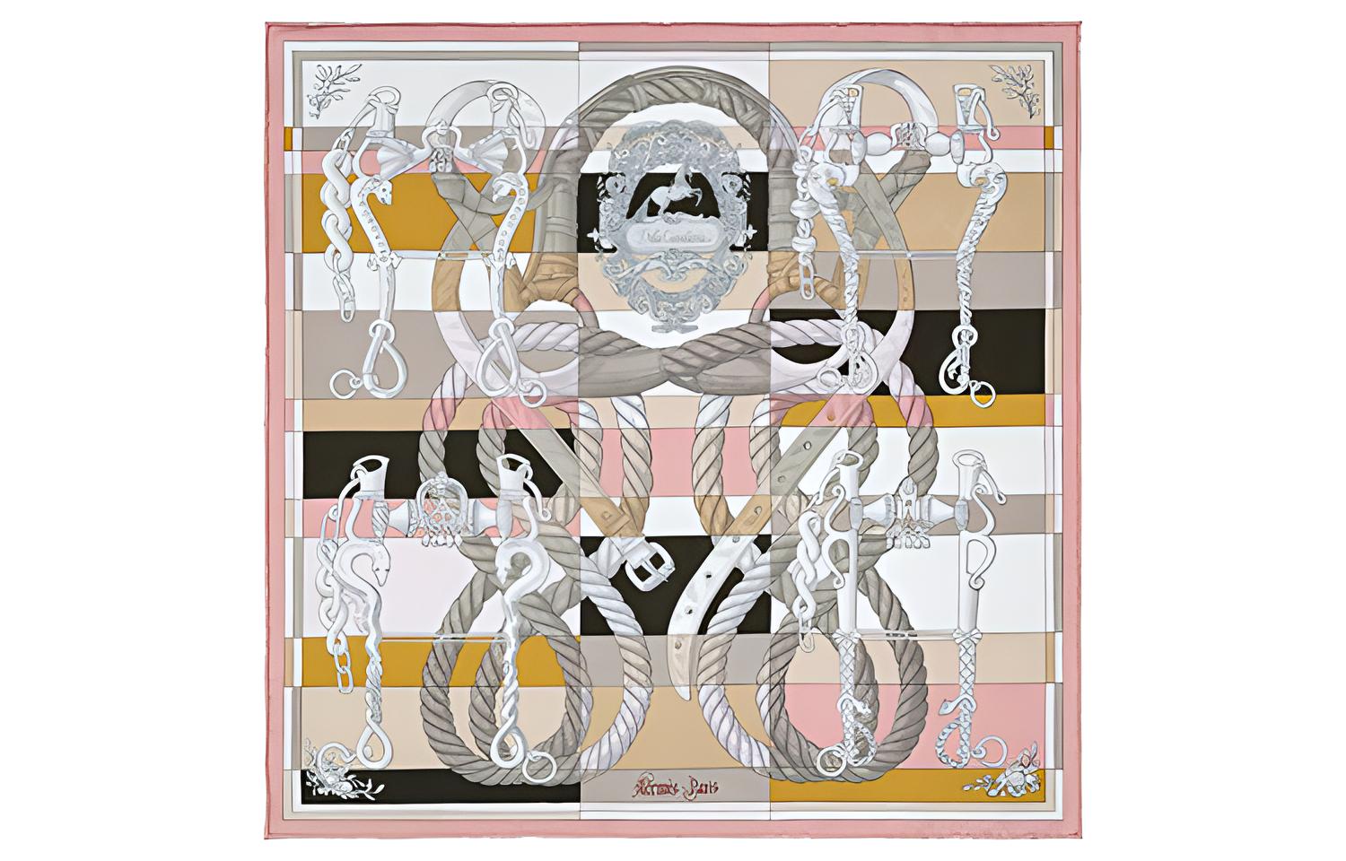 (Women) HERMES Scarf Cavalier Horse 45cm Silk in Pink/Beige/Grey H892813S-16