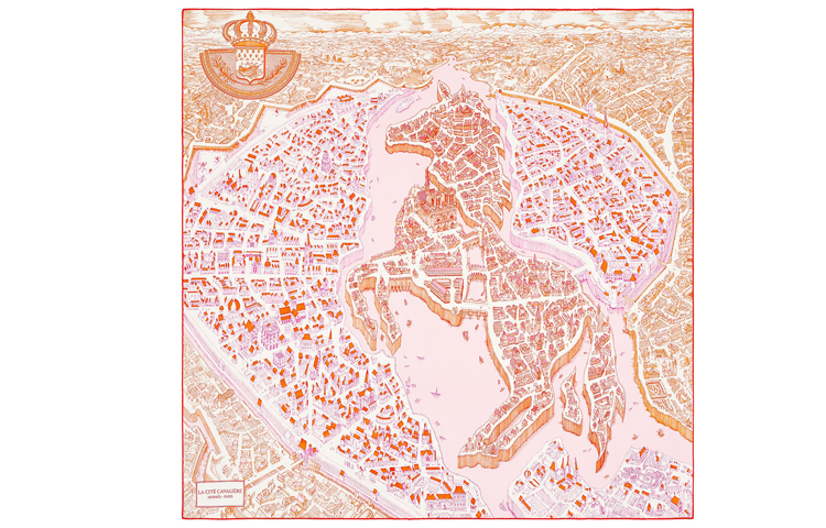 (Women) HERMES Scarf City of Horses Pink Orange Silk Scarf H003373S-02