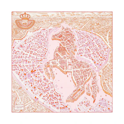 (Women) HERMES Scarf City of Horses Pink Orange Silk Scarf H003373S-02