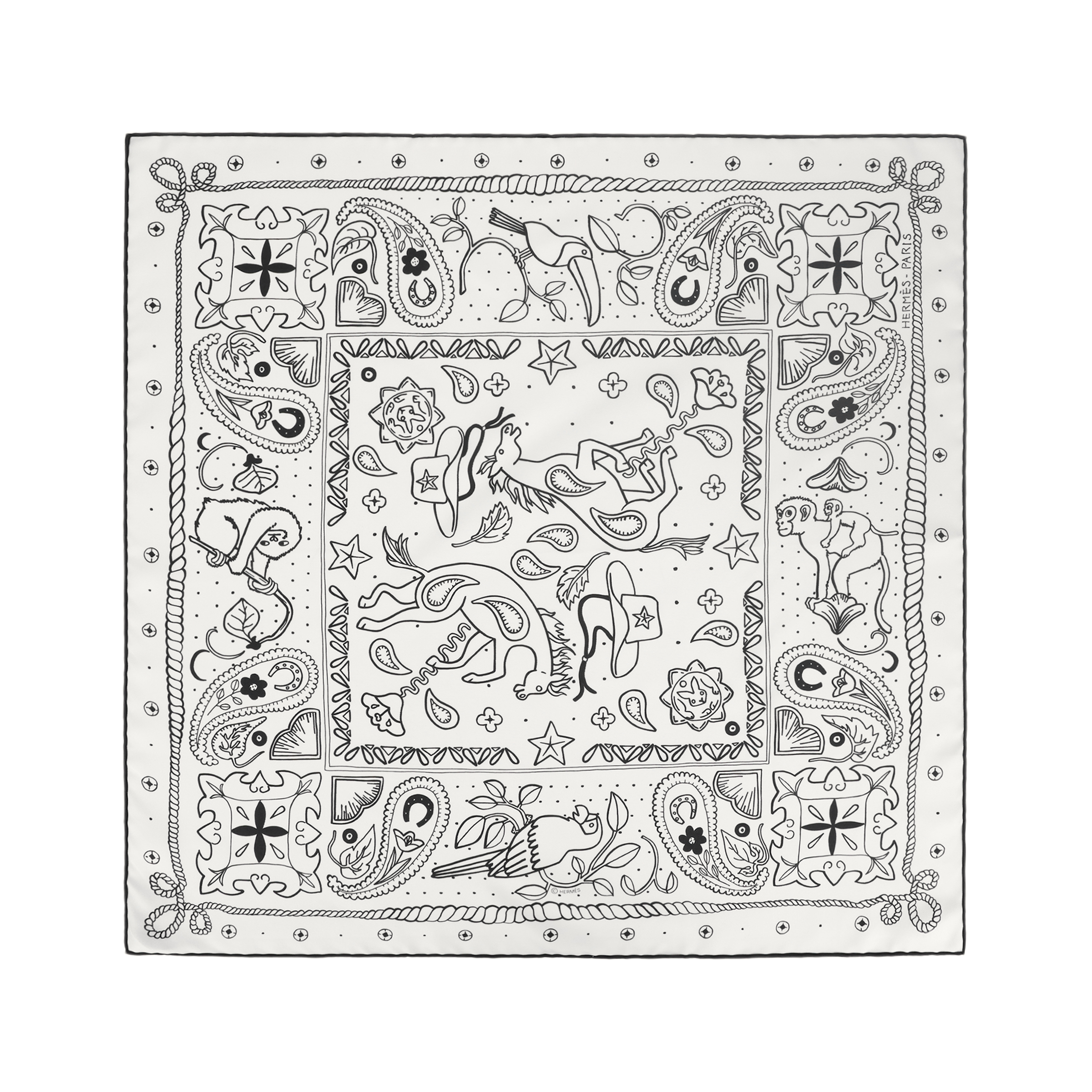 (Women) HERMES Silk Bandana Scarf "Happy Zoo"  White Silk Scarf H044100S