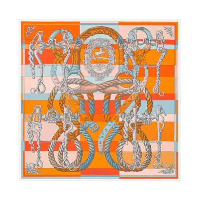 (Women) HERMES Silk Scarf 90cm Orange Double-Sided Equestrian Motif H903578S-03