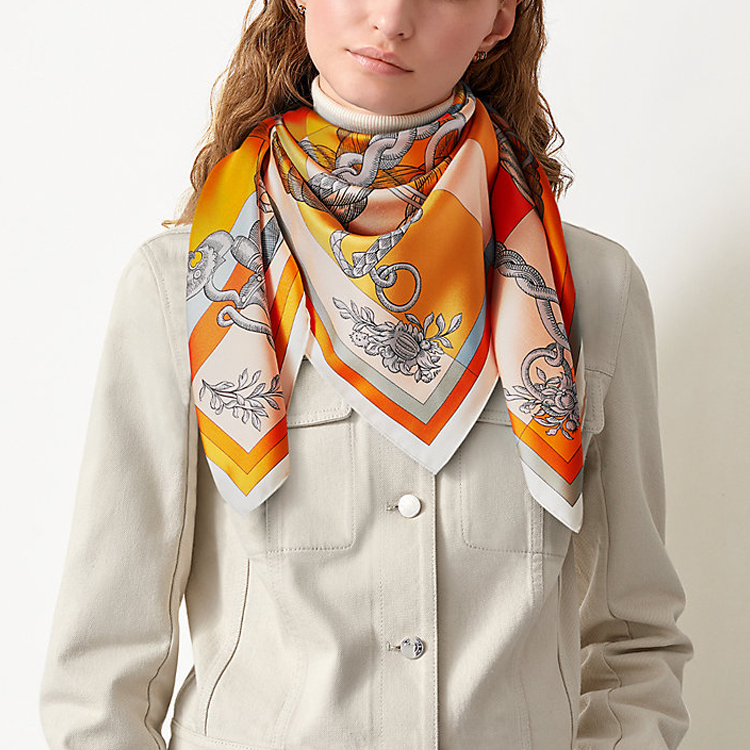 (Women) HERMES Silk Scarf 90cm Orange Double-Sided Equestrian Motif H903578S-03 圖 5