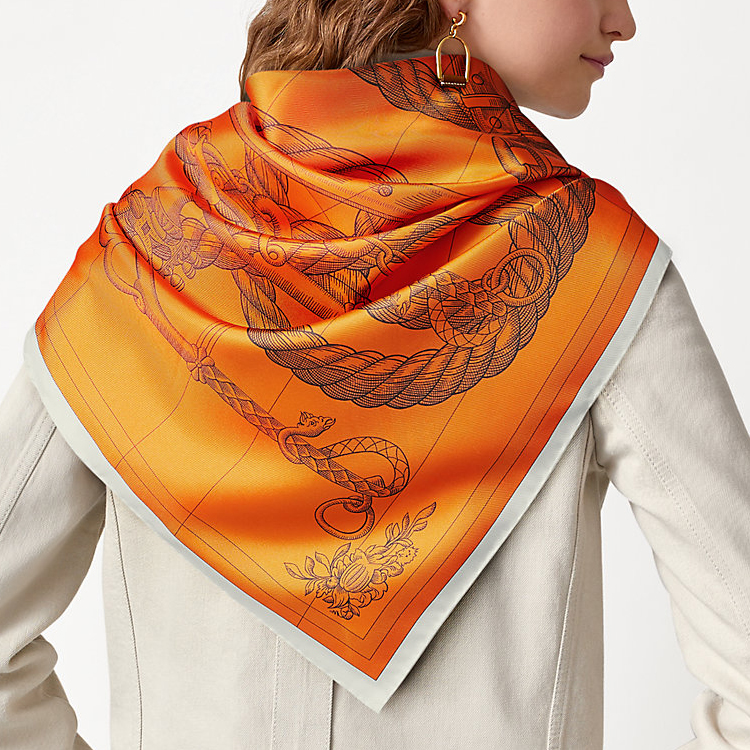 (Women) HERMES Silk Scarf 90cm Orange Double-Sided Equestrian Motif H903578S-03 圖 6