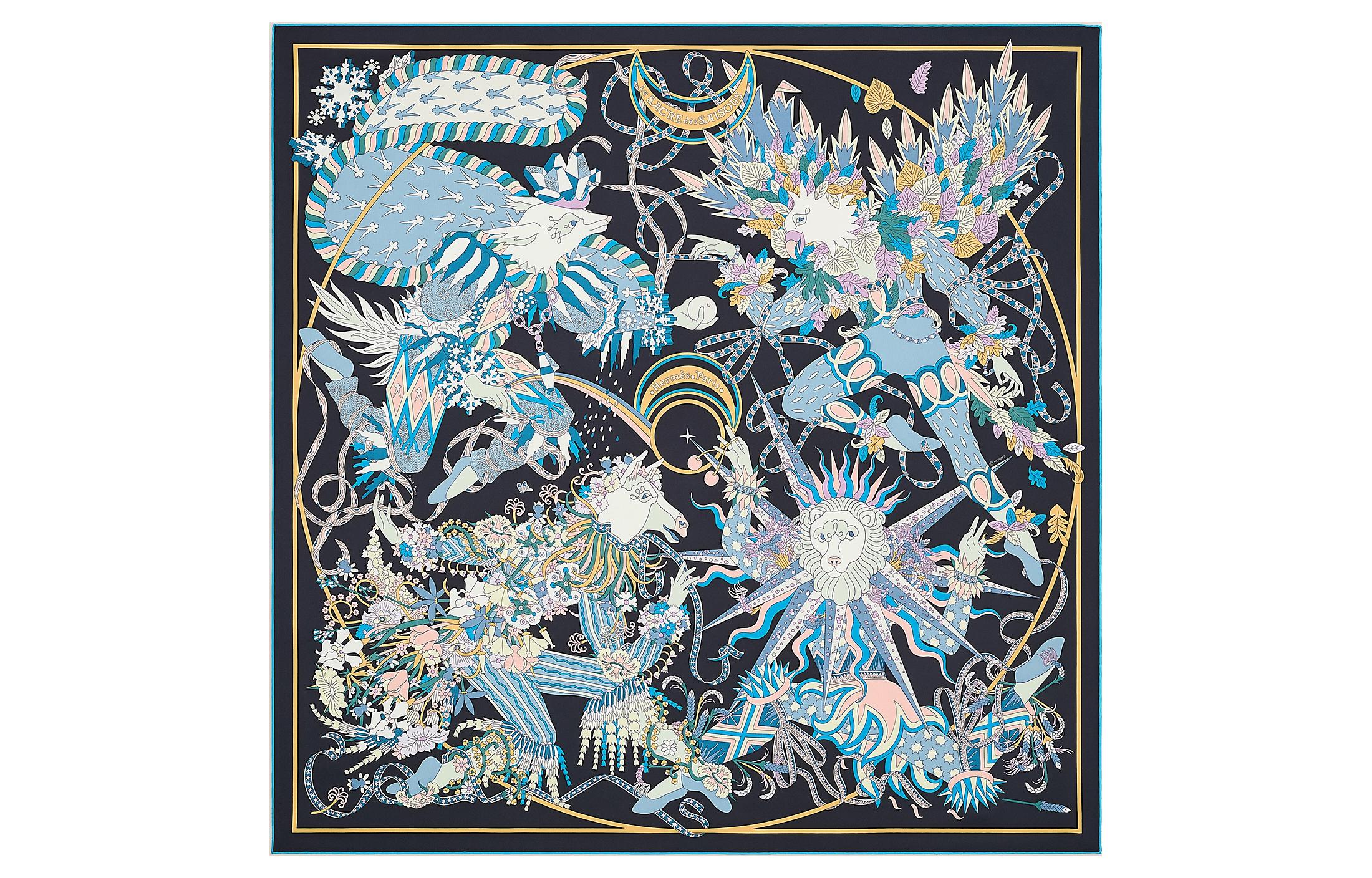 (Women) HERMES Silk Scarf 90x90cm  Black Blue/Sky Blue/Pink Seasonal Pattern Series. H003903S-07