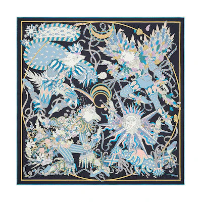 (Women) HERMES Silk Scarf 90x90cm Black Blue/Sky Blue/Pink Seasonal Pattern Series. H003903S-07