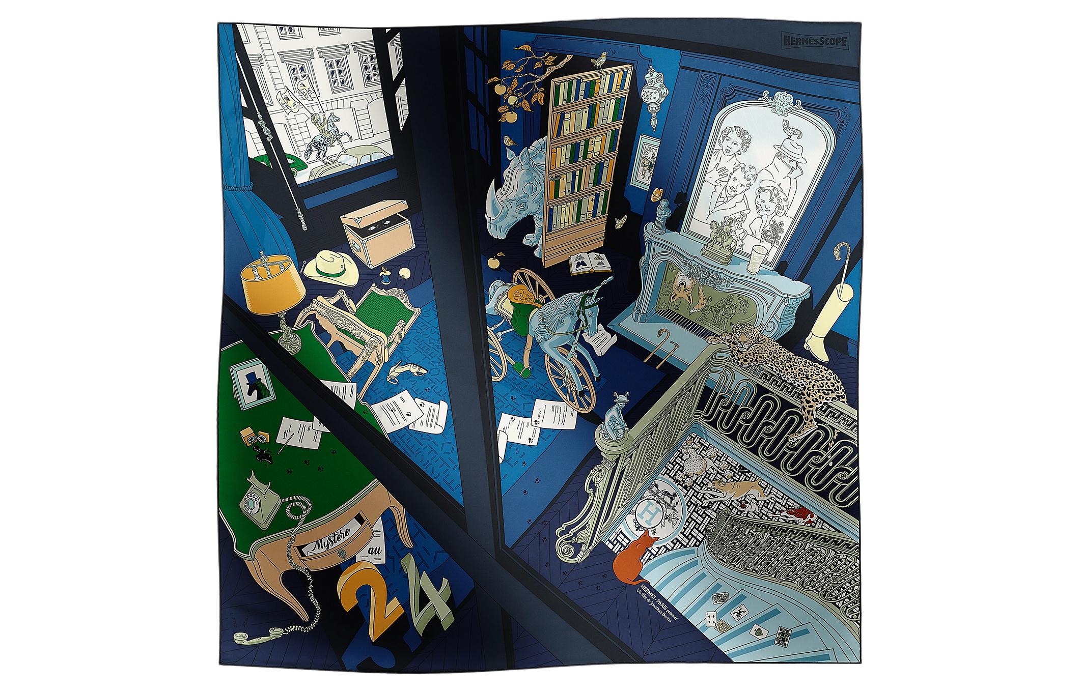 (Women) HERMES Silk Scarf  Blue with Room Design Pattern. H004106Sv03