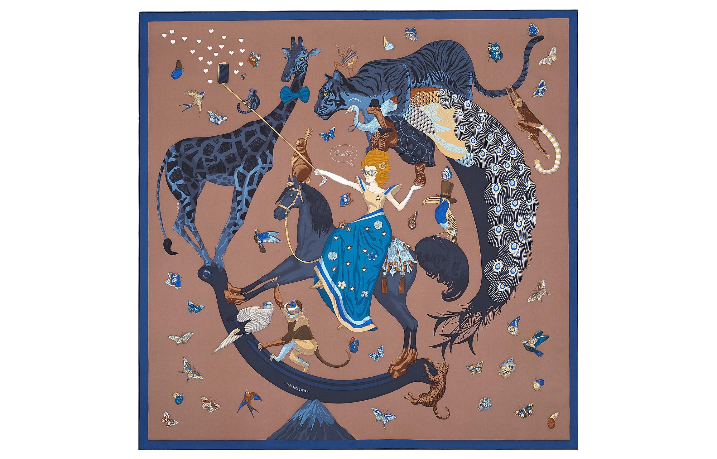 (Women) HERMES Silk Scarf  Brown "Fairy Taking Selfie on Horseback". H003875S-08