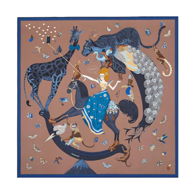 (Women) HERMES Silk Scarf Brown "Fairy Taking Selfie on Horseback". H003875S-08