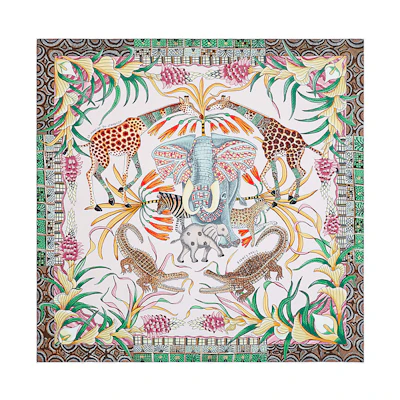 (Women) Hermes Silk Scarf "Celebration of the Zambezi" - Pink/Green/Yellow 90cm レディース H002987S-20