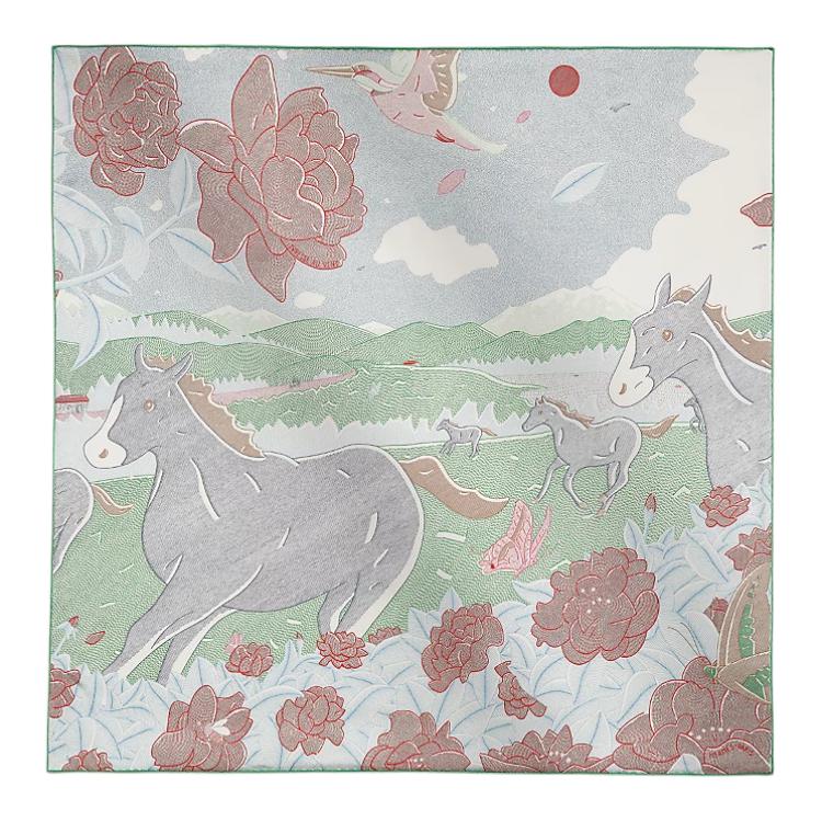 (Women) HERMES Silk Scarf  Sky Blue/Green "Wind Intoxication" Design. H984122Sv06