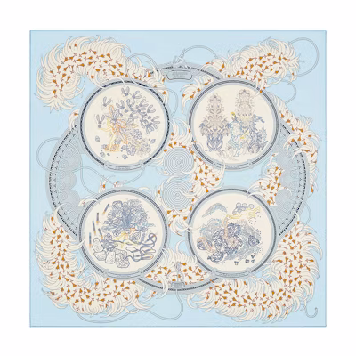 (Women) HERMES Silk Scarf Blue with Embroidered Pattern Fashion Accessory H003972S-07