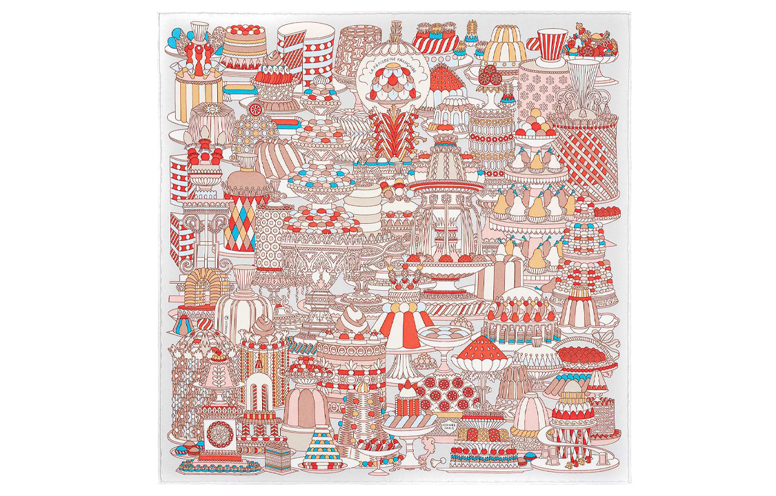 (Women) HERMES Silk Scarf French Dessert 45x45 Pearl Grey/Pomegranate Red Women. H893336S-05
