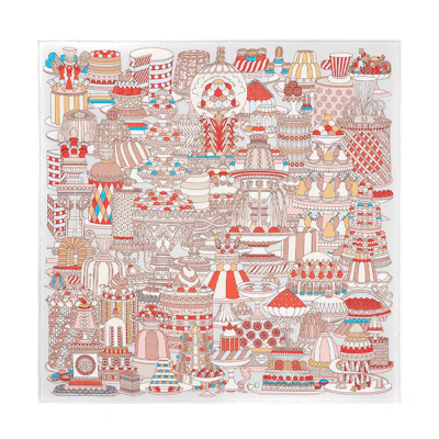 (Women) HERMES Silk Scarf French Dessert 45x45 Pearl Grey/Pomegranate Red Women. H893336S-05
