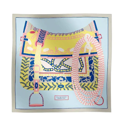 (Women) HERMES Silk Scarf Gaucho Logo Mint/Almond Green/Ocean Blue for Women. H004089S05