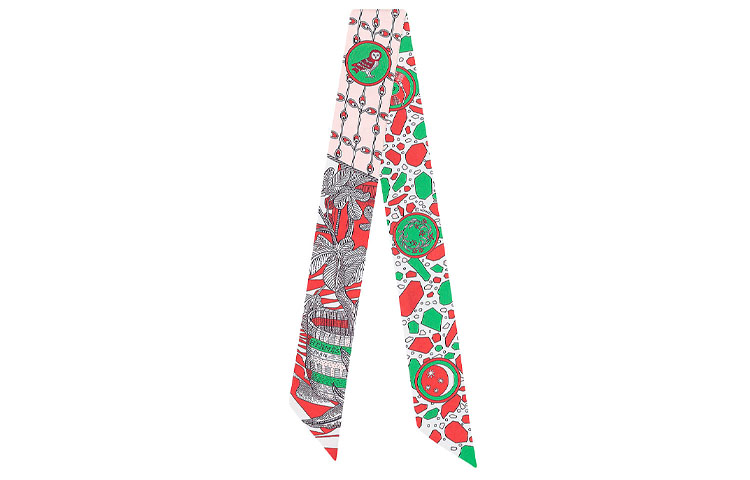 (Women) HERMES Silk Twilly Scarf in Red/Rose/Green, 'Dance of the Horsewoman' Design H063593S-15