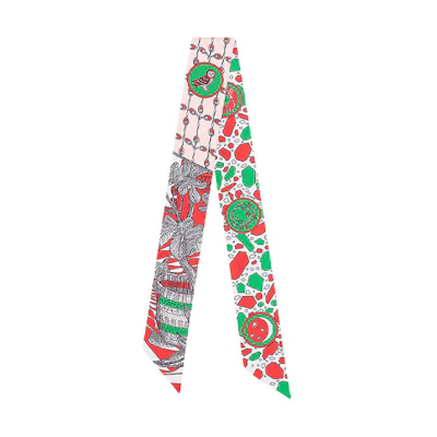 (Women) HERMES Silk Twilly Scarf in Red/Rose/Green, 'Dance of the Horsewoman' Design H063593S-15