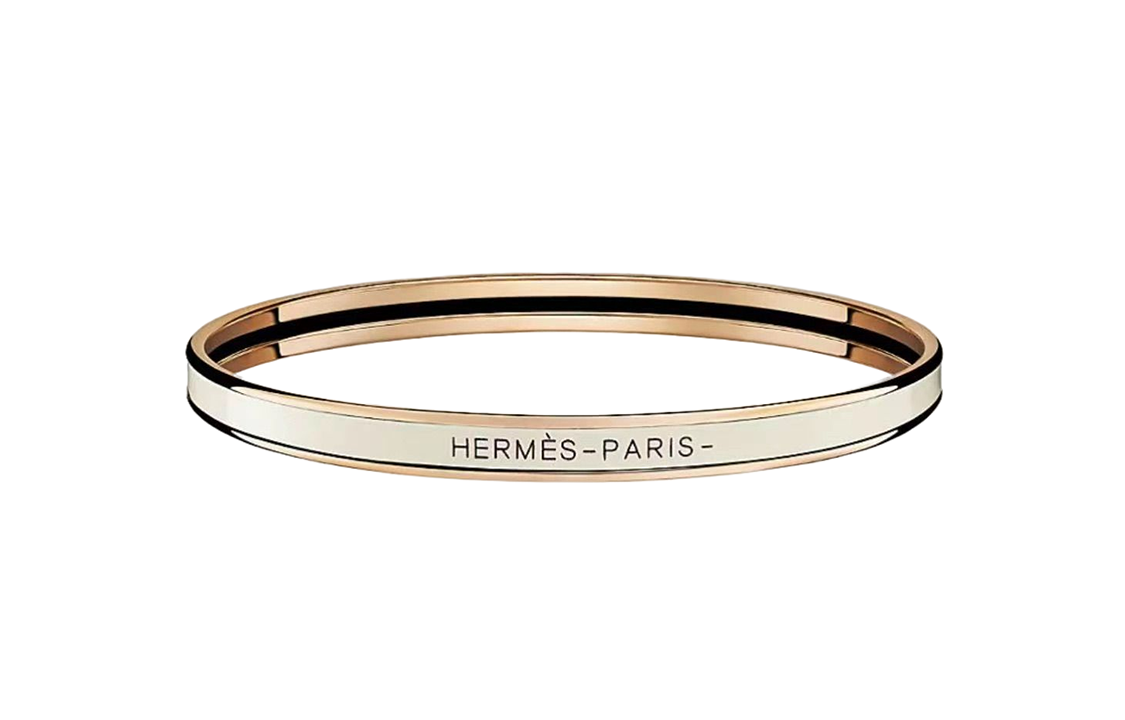 (Women) HERMES Slim Enamel Letter Bracelet Rose Gold  Cream White. H240001FO85