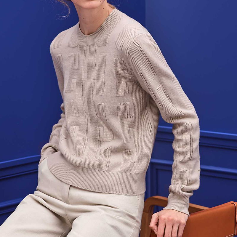 Lookbook (Women) HERMES Solid Crewneck Long Sleeve Knit Sweater Beige H0H2616DDC3
