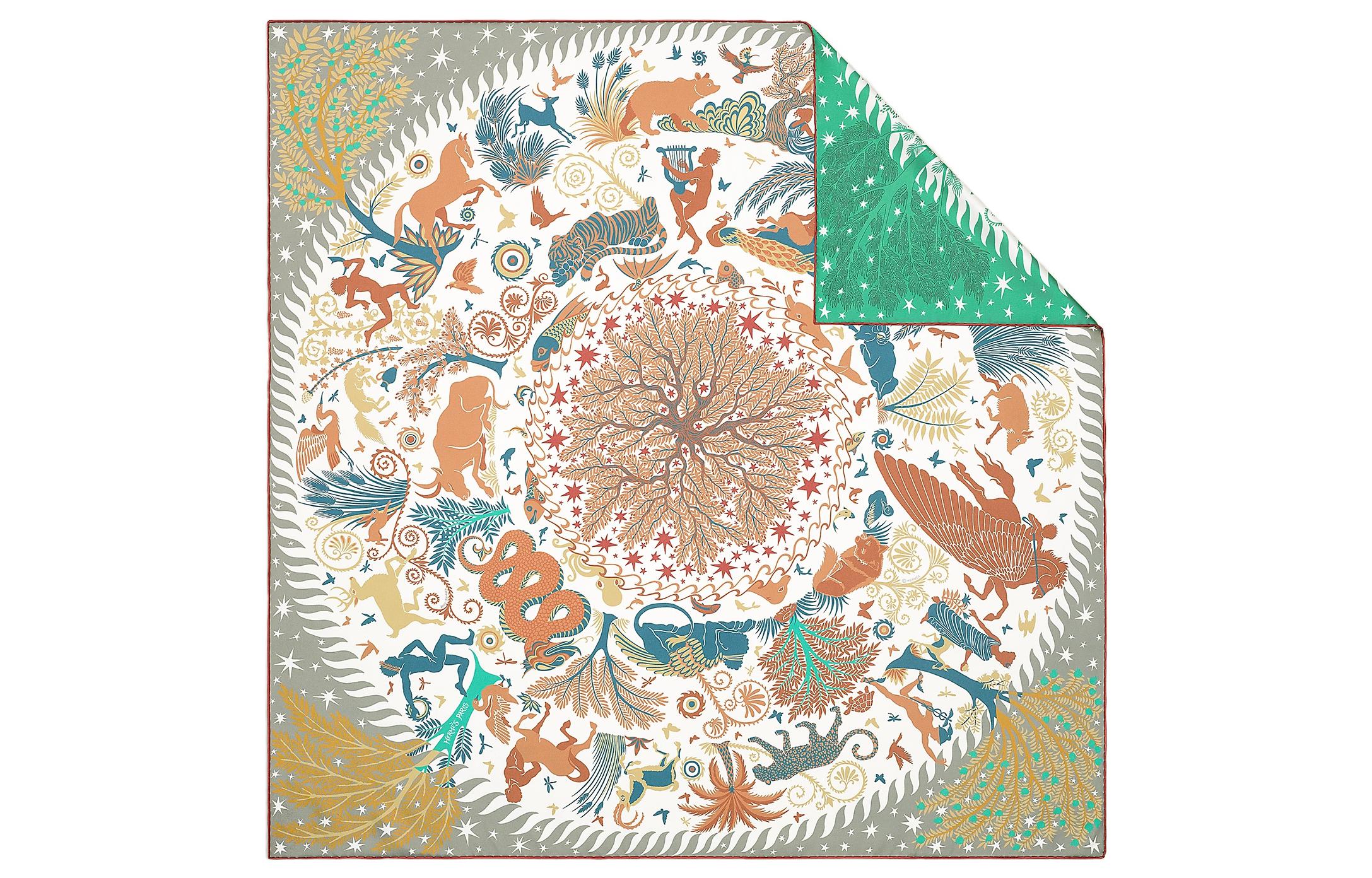 (Women) HERMES Sous le Charme d'Orphée Double-Sided Silk Scarf Beige/Green for Women. H903702S-02