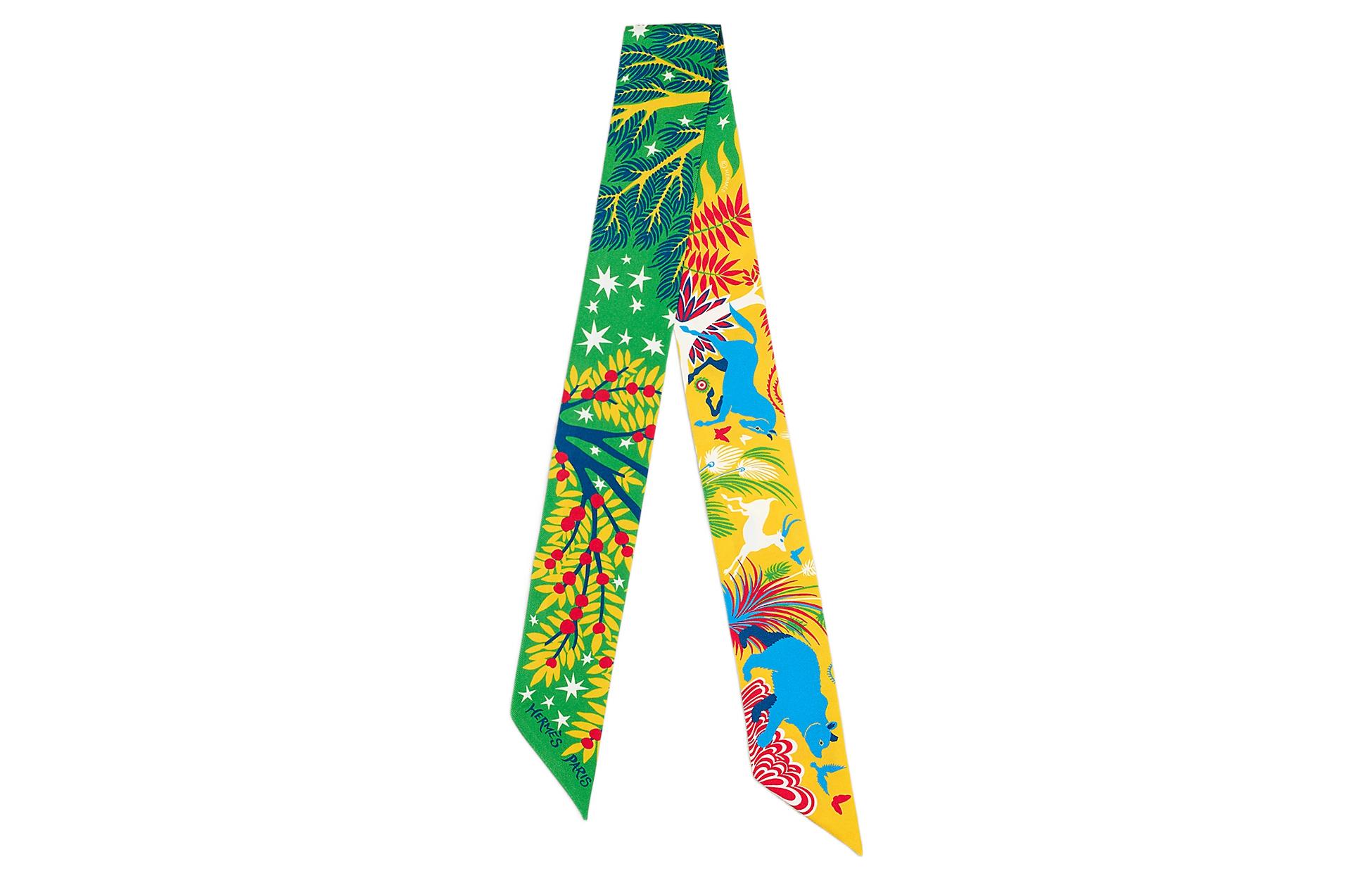 (Women) HERMES Sous le Charme d'Orphee Twilly Scarf Jungle Green/Dark Green/Yellow H063702S-07