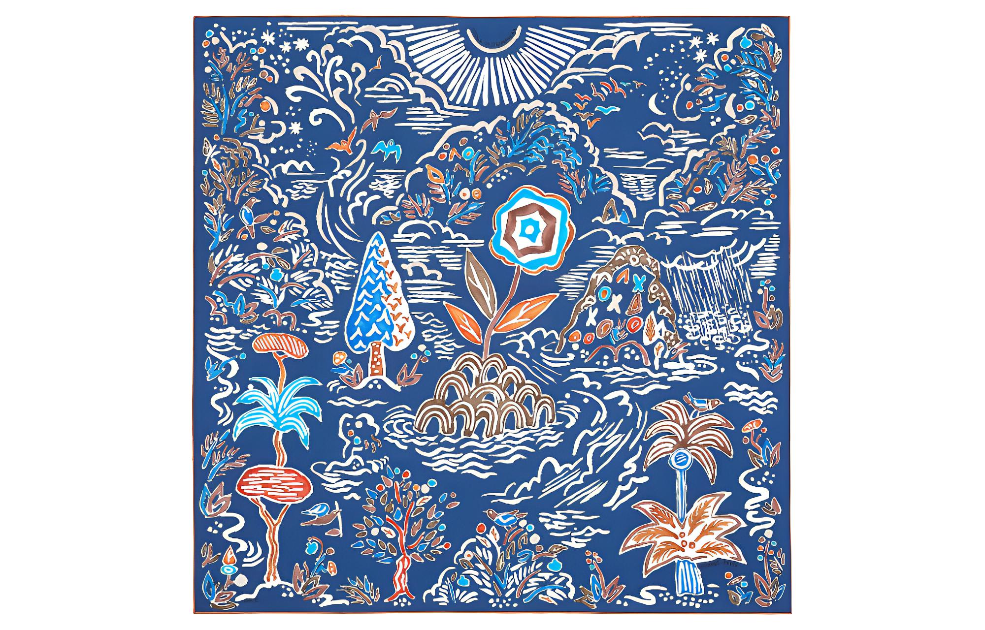 (Women) HERMES Spring Island 90cm Silk Scarf Navy Blue/Brown/White for Women. H003755S-09