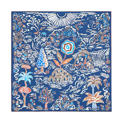 (Women) HERMES Spring Island 90cm Silk Scarf Navy Blue/Brown/White for Women. H003755S-09