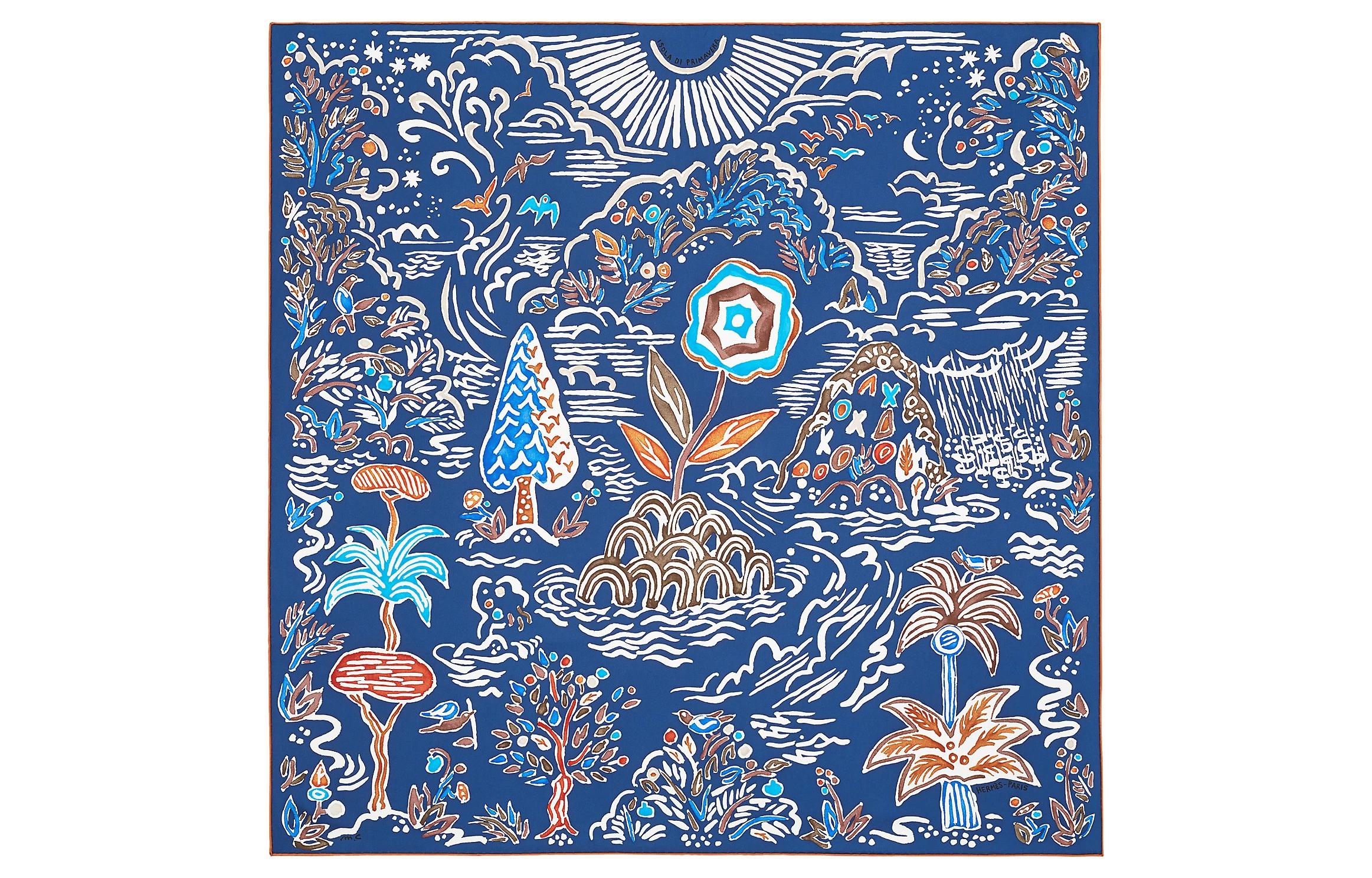 (Women) HERMES Spring Island 90cm Silk Scarf Navy Blue/Brown/White for Women. H003755S-09 圖 2
