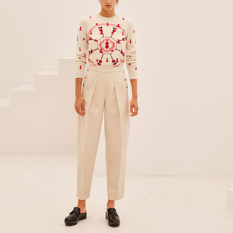 Shop (Women) HERMES SS21 Beige Embroidered Knit Pullover Sweater H1E2605D791