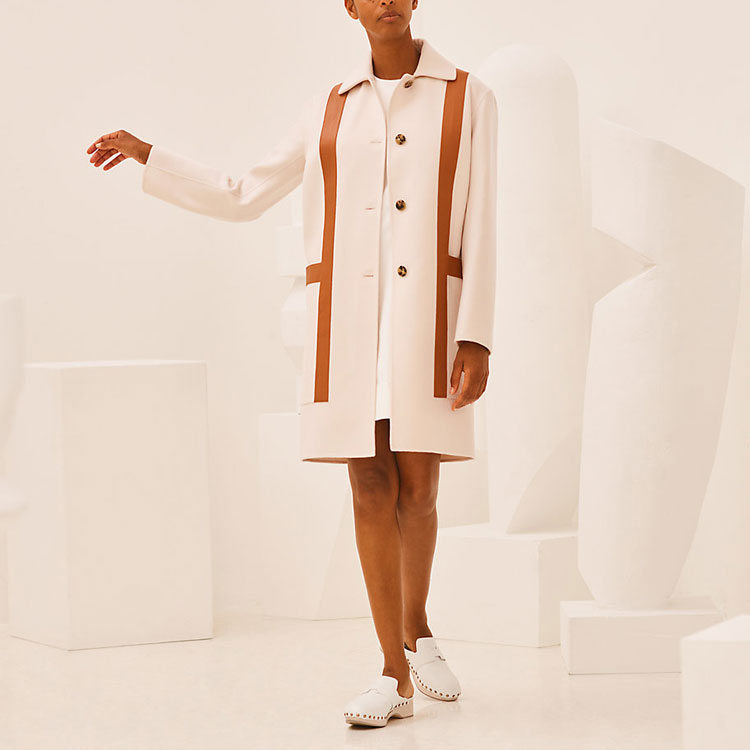 Shop (Women) HERMES SS21 White Mid-Length Coat with Leather H Pocket Details H1E0123DA1E