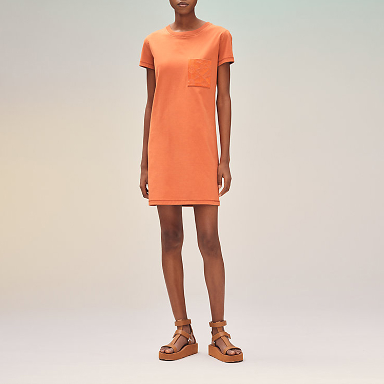 Lookbook (Women) HERMES SS22  Straight Cut Embroidered Pocket Dress in Melanthe Orange H2E4508DU2N