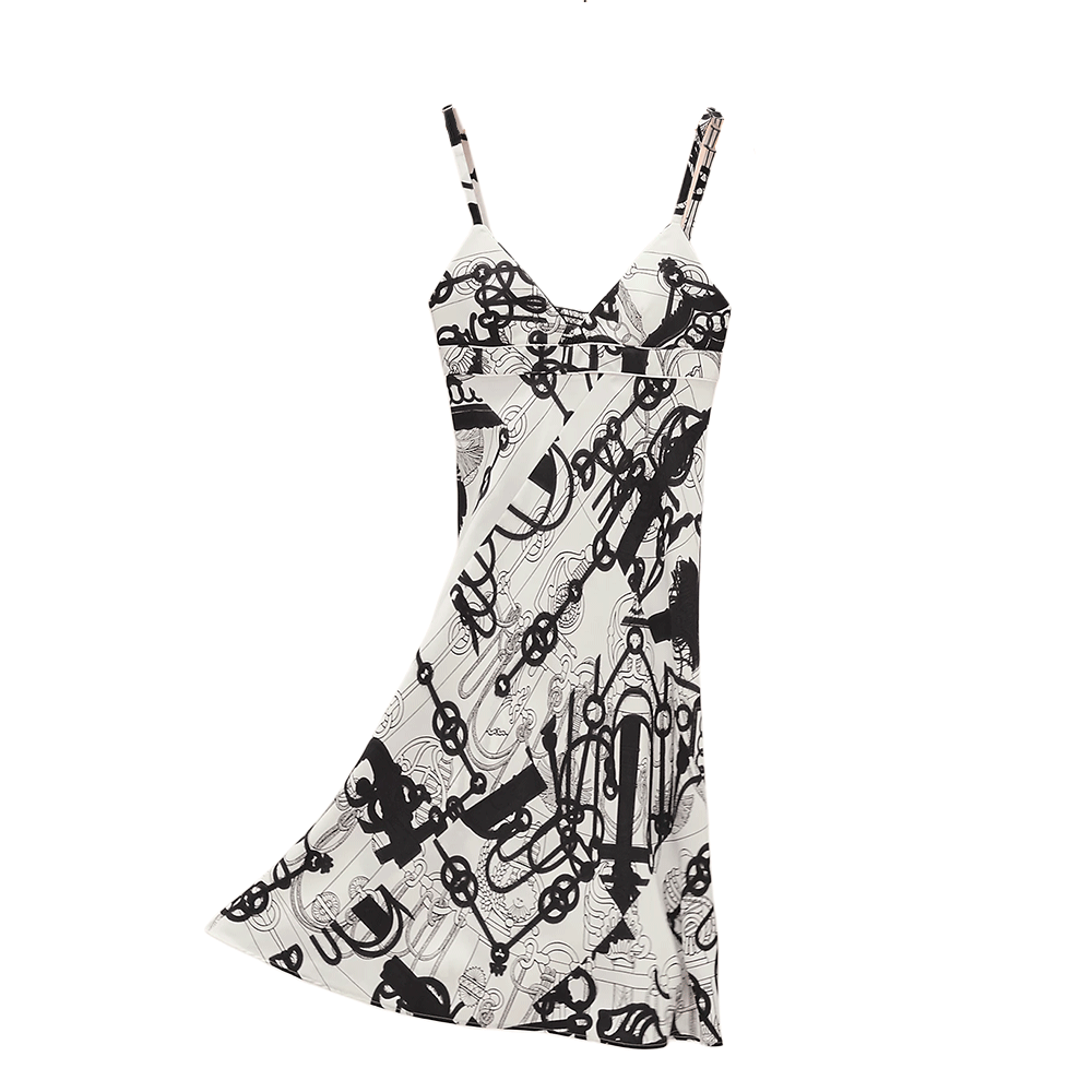 (Women) HERMES SS22 White Sleeveless Midi Dress with Black Watercolor Print for Women. H2E0508DW90