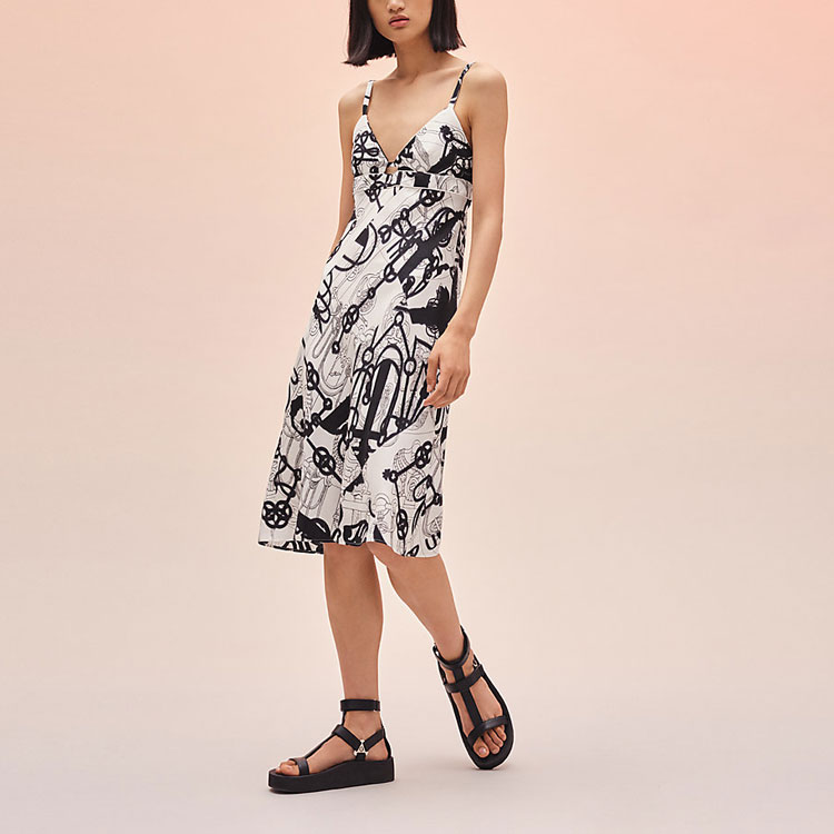 Lookbook (Women) HERMES SS22 White Sleeveless Midi Dress with Black Watercolor Print for Women. H2E0508DW90