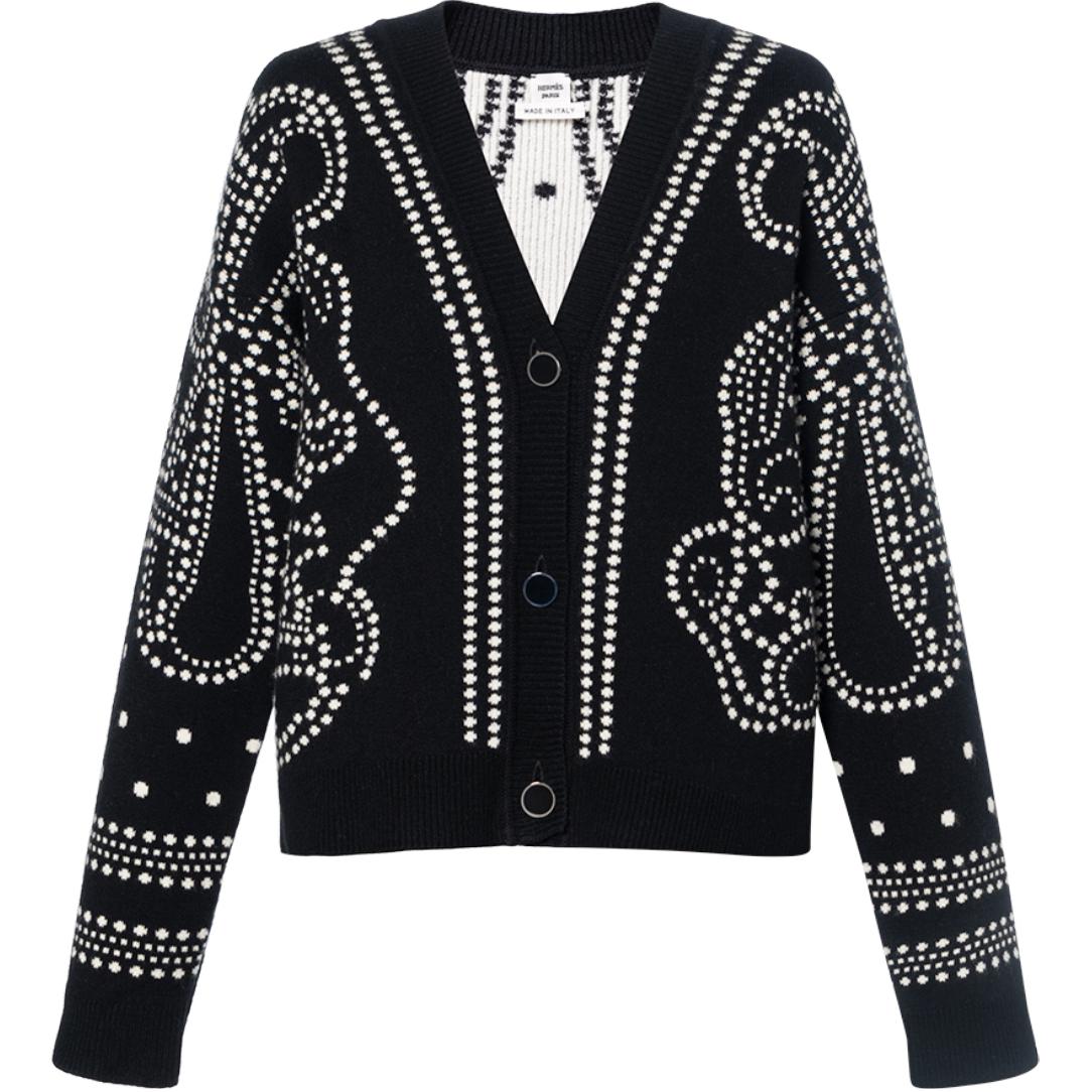 (Women) HERMES SS23  Black Polka Dot Knit Cardigan Sweater. H3E2711D802